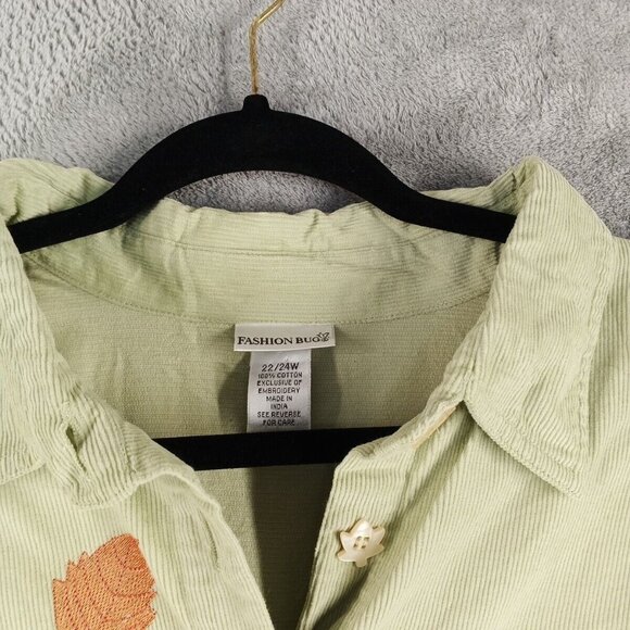 FASHION BUG Embroidered Fall Corduroy Button Up Shirt 22/24W 100% Cotton Green - Picture 6 of 13